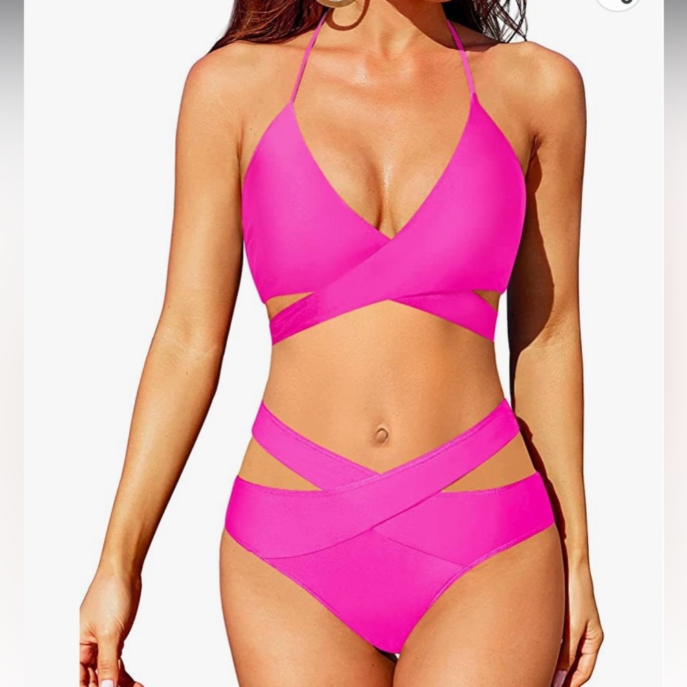 Neón pink two piece swimsuit suit , high waisted bottoms, halter top